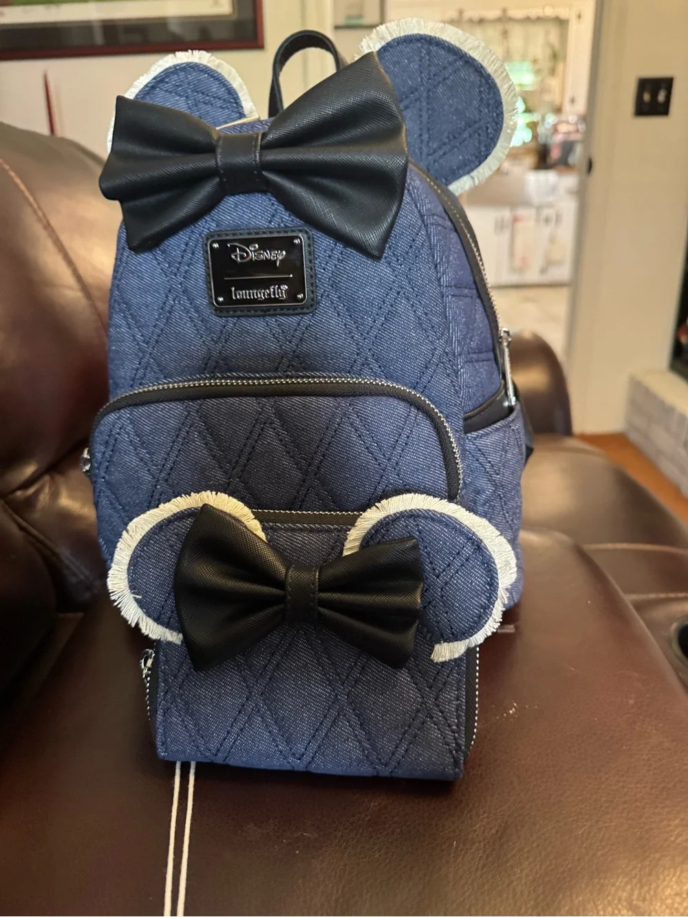 Loungefly Navy Quilted Denim Minnie Ear Mini Backpack with Black Bow w/ Wallet